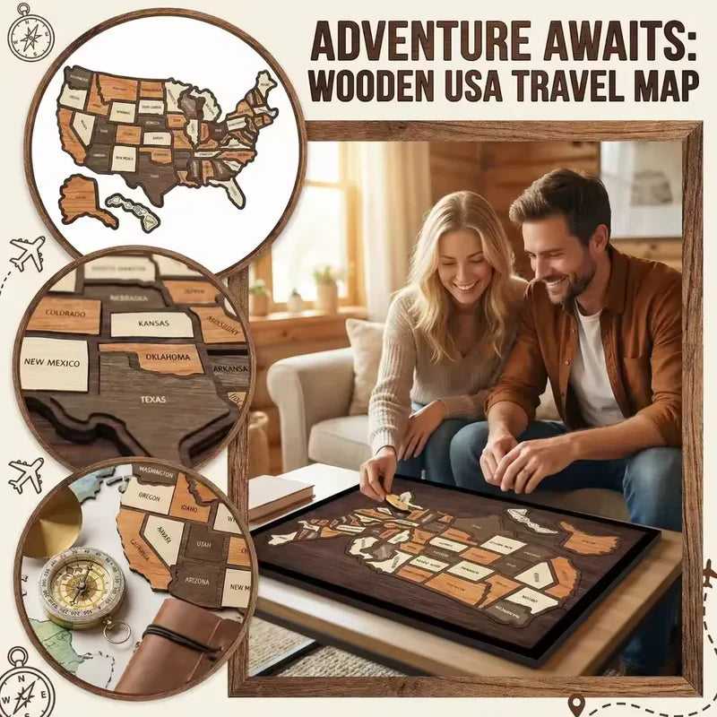 🔥Limited 49% off - USA Wooden Travel Map Puzzle for Adventure Lovers